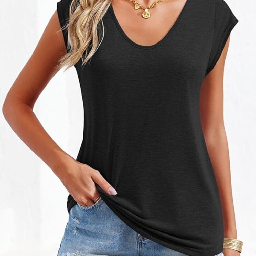 Langwyqu Womens' Cap Sleeve Casual Loose Fit Basic Shirts Tank Tops